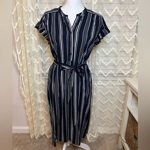 LOFT Striped Dot Button Midi Shirt Dress Navy White Small Sash Flutter Sleeve